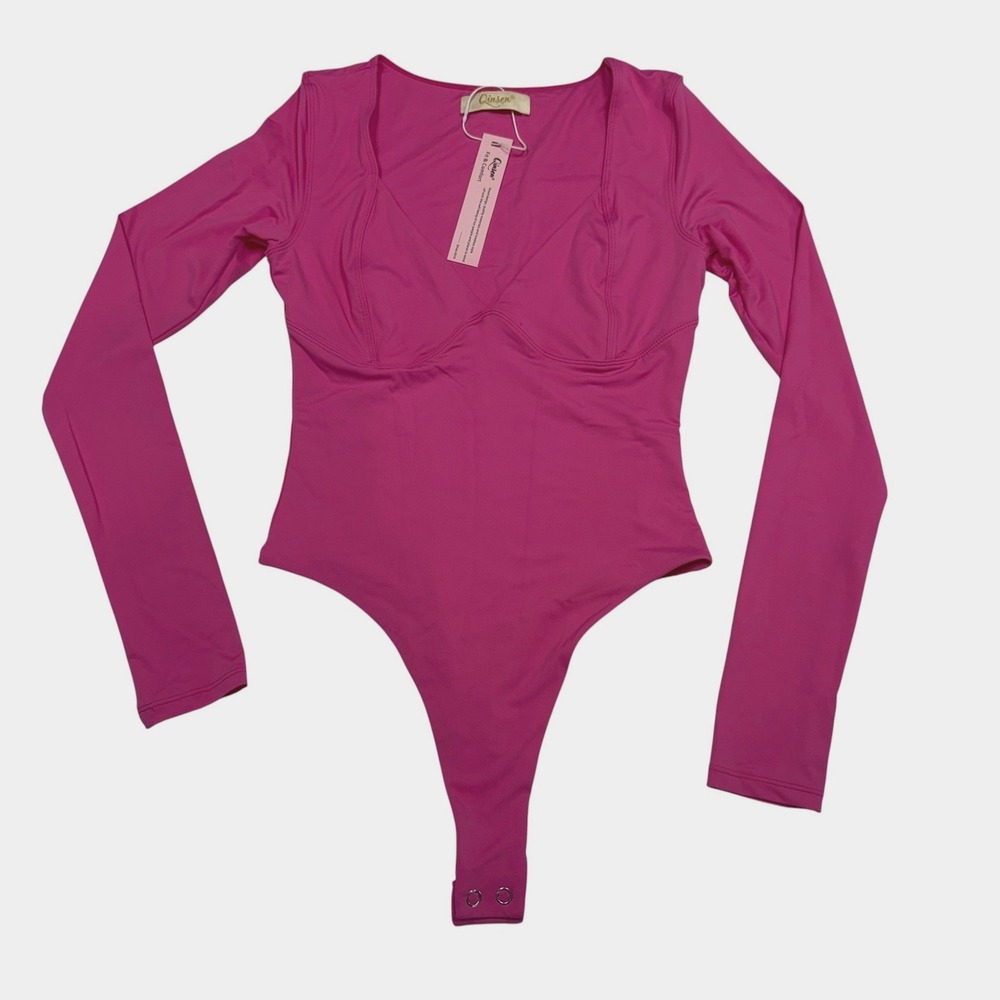 Qinsen Womens Pink Long Sleeve V Neck Bustier Bodysuit Size Small NWT